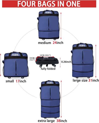 ELDA حقيبة أمتعة قابلة للتوسيع وقابلة للطي حقيبة سفر من القماش الخشن للرجال والنساء حقيبة خفيفة الوزن ذات سعة كبيرة مع عجلات دوارة عالمية in Kuwait