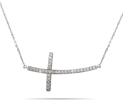EVE'S ADDICTION Women's Sterling Silver Sideways CZ Cross Necklace (16" chain length) - Large Curved CZ Sideways Cross Necklace - Religious Faith Jewelry for Her - Communion Gift Idea in Saudi Arabia