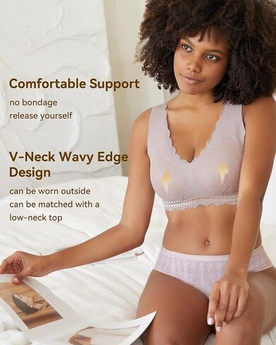 Niidor Women's Seamless Wireless Bra Deep V Neck Comfort Bra Lace Bralette Full-Coverage Wirefree Bra for Everyday Wear in Kuwait