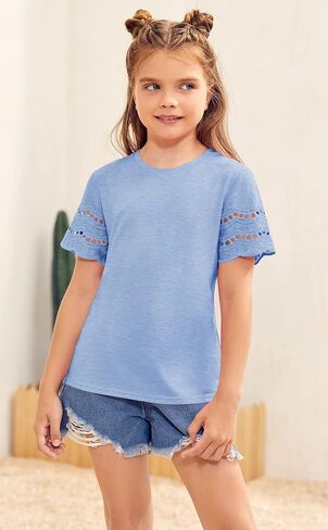 تي شيرت للفتيات من Geckatte بأكمام قصيرة وفتحة رقبة مستديرة للصيف كاجوال سادة أساسي تي شيرت علوي من 5 إلى 14 سنة in Kuwait