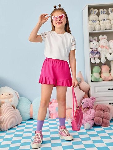 تي شيرت للفتيات من Geckatte بأكمام قصيرة وفتحة رقبة مستديرة للصيف كاجوال سادة أساسي تي شيرت علوي من 5 إلى 14 سنة in Kuwait