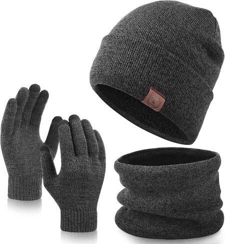 OZERO 3-Pieces Beanie Hat Scarf Gloves Set - Winter Knitted Set Touchscreen Gloves Slouchy Hat Neck Warmer Keep Warm in Saudi Arabia