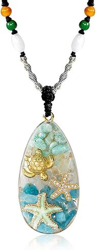 قلادة بدلاية بوهو اوشن من دا بياو ليانغ مع احجار طاقة سلحفاة ونجم البحر - مصنوعة يدويا من الراتنج على حبل قابل للتعديل لمجوهرات الشاطئ الصيفية، مقاس القلادة: 41 × 22 × 8 ملم، راتنج، حجر, مادة صمغية, in Kuwait