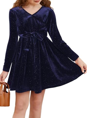 فستان DOKOTOO KIDS للفتيات برقبة على شكل حرف V وأكمام طويلة للحفلات مزين بالترتر مع حزام in Kuwait