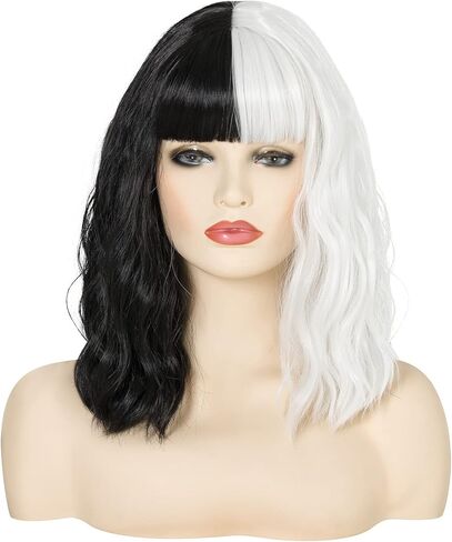 شعر مستعار أبيض وأسود مع شعر مستعار للنساء يجب أن يطول الشعر المتموج الصناعي بوب المستعار للنساء زي تنكري لحفلات الهالوين للارتداء اليومي 40.64 سم in Kuwait