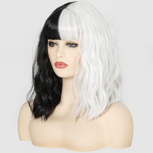 شعر مستعار أبيض وأسود مع شعر مستعار للنساء يجب أن يطول الشعر المتموج الصناعي بوب المستعار للنساء زي تنكري لحفلات الهالوين للارتداء اليومي 40.64 سم in Kuwait