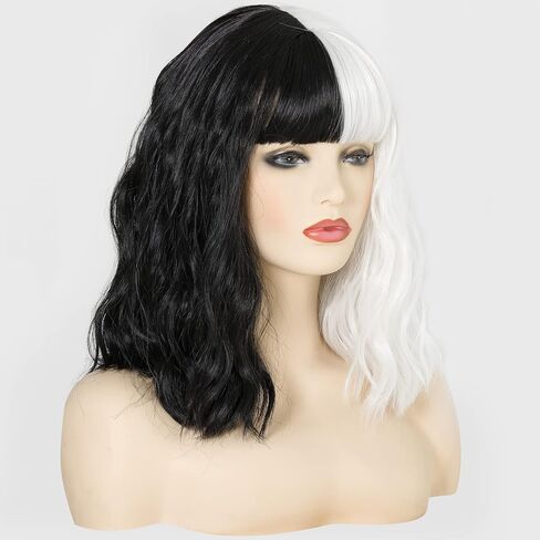 شعر مستعار أبيض وأسود مع شعر مستعار للنساء يجب أن يطول الشعر المتموج الصناعي بوب المستعار للنساء زي تنكري لحفلات الهالوين للارتداء اليومي 40.64 سم in Kuwait