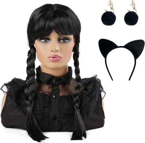 شعر مستعار مجدول أسود طويل من WanBigVa مع فرقعة للفتيات والنساء في حفلات الهالوين مع عصابة رأس in Kuwait