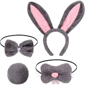 4pcs Bunny Costume Set, Bunny Costume Accessories with Rabbit Headband Nose Bow Tie Tail Bunny Rabbit Costume for Women