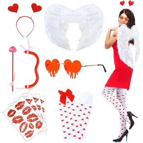 Xuhal 9 Pcs Valentine's Day Cupid Costume Cupid Bow and Arrow Set Wings Heart Headband Tattoo Sticker Heart Shape Sunglasses Thigh High Stockings Arrow Costume Accessories for Women in Saudi Arabia