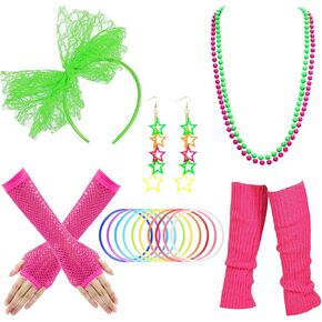80s Costume Accessories for Women 80s Costume with Lace Neon Headband Earrings Fishnet Gloves Leg Warmers Necklace Bracelet