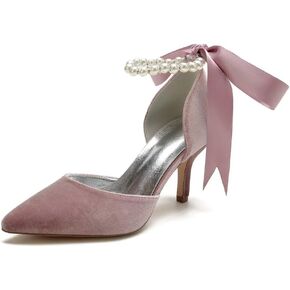 Jotwry Women High Heel Velvet Shoes Pointed Toe Prom Evening Party Dress Shoes Pearl Heels