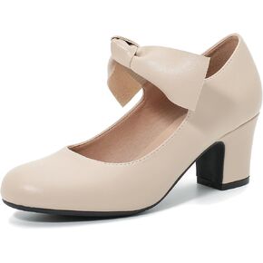 Women's Bow Mary Jane Block Heel Pumps Closed Round Toe Low Chunky Heels Ankle Strap Wedding Dress Evening Party Shoes