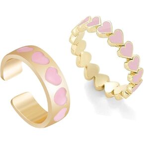 Caiyao 2 Pcs Colorful Enamel Cute Sweet Heart Plain Stackable Finger Ring Gold Band Rings Set Friendship Wedding Valentine's Day Festival Jewelry for Women Teens