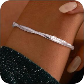 Picuzzy Gold Cuff Bracelets for Women Trendy, 14k Gold Plated/Silver Bangle Bracelets for Women Dainty Gold Bangles Cubic Zirconia Adjustable Wave Bracelet Fashion Jewelry Gift for Women Teen Girl