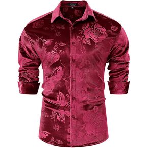 TURETRENDY Men's Velvet Shirts Floral Printed Rose Shirts Long Sleeve Button Down Dress Wedding Party Shirts