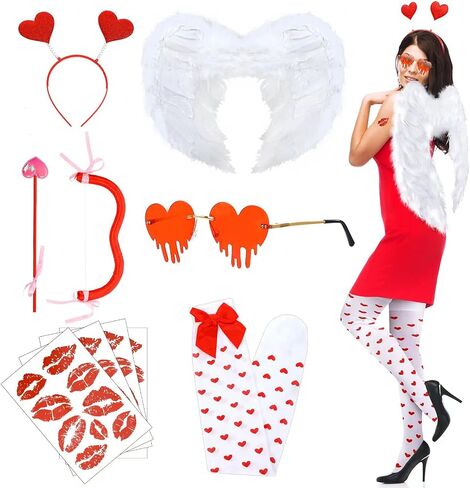 Xuhal 9 Pcs Valentine's Day Cupid Costume Cupid Bow and Arrow Set Wings Heart Headband Tattoo Sticker Heart Shape Sunglasses Thigh High Stockings Arrow Costume Accessories for Women in Saudi Arabia