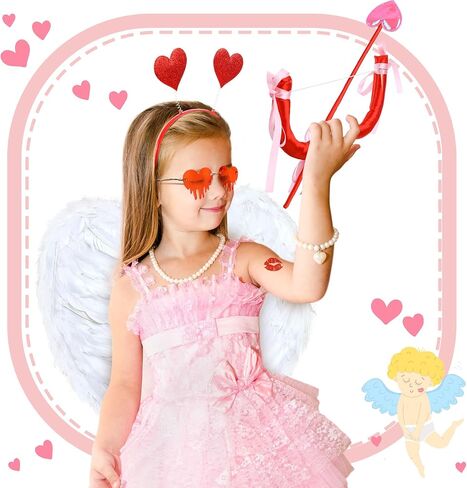 Xuhal 9 Pcs Valentine's Day Cupid Costume Cupid Bow and Arrow Set Wings Heart Headband Tattoo Sticker Heart Shape Sunglasses Thigh High Stockings Arrow Costume Accessories for Women in Saudi Arabia