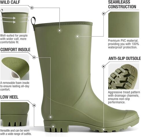 HISEA Women Rubber Boots Wide Calf Rain Boots Matte Surface Waterproof PVC Rubber Rain Boot Mid Height Rain Shoes for Outdoor Gardening Work Walking in Saudi Arabia