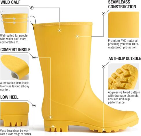 HISEA Women Rubber Boots Wide Calf Rain Boots Matte Surface Waterproof PVC Rubber Rain Boot Mid Height Rain Shoes for Outdoor Gardening Work Walking in Saudi Arabia