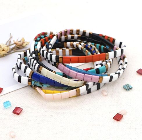 Sonateomber Summer Candy Colors Tila Flat Seed Beads Stretch Strand Bracelet for Women Girls - Trendy Unique Friendship Handmade Mixed Colorful Square Beaded Miyuk Link Bracelets Stackable Jewelry Gifts in Saudi Arabia