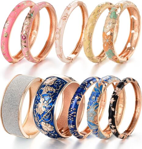 UJOY حزمة عشوائية الألوان المينا طقم مجوهرات زهرة ذهبية منقوشة 10 قطعة أساور مصوغة ​​بطريقة في صندوق in Kuwait