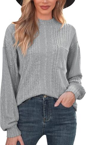 AKEWEI Women Long Sleeve Tunic Sweaters Mock Neck Ribbed Knit Tops Pocket Side Split Casual Loose Fit Fall Shirts in Kuwait