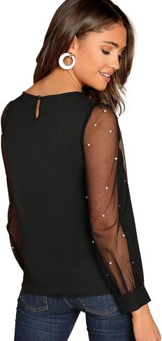 Floerns Women's Pearl Sheer Mesh Long Sleeve Tops Blouse in Saudi Arabia