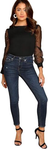 Floerns Women's Pearl Sheer Mesh Long Sleeve Tops Blouse in Saudi Arabia