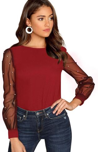 Floerns Women's Pearl Sheer Mesh Long Sleeve Tops Blouse in Saudi Arabia