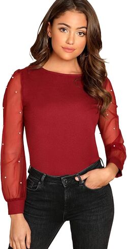 Floerns Women's Pearl Sheer Mesh Long Sleeve Tops Blouse in Saudi Arabia