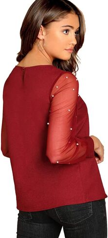 Floerns Women's Pearl Sheer Mesh Long Sleeve Tops Blouse in Saudi Arabia