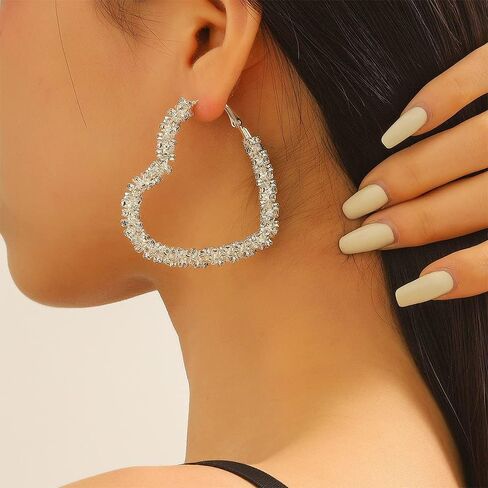 Shiny Big Heart Hoop Earrings for Women Girls Boho Rhinestone Wrapped Huggie Hoops Dangle Earring Lightweight Comfortable Sparkle Wedding Christmas Birthday Jewelry Gifts 50mm in Saudi Arabia