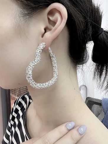 Shiny Big Heart Hoop Earrings for Women Girls Boho Rhinestone Wrapped Huggie Hoops Dangle Earring Lightweight Comfortable Sparkle Wedding Christmas Birthday Jewelry Gifts 50mm in Saudi Arabia