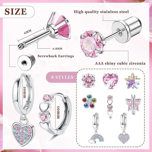 Finrezio 8 Pairs Hypoallergenic Hoop Earrings for Women Girls 316L Stainless Steel Screw Back Earrings CZ Flower Butterfly Screwback Stud Earring Dangle Huggie Earrings in Kuwait