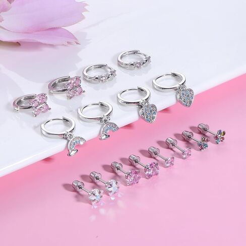 Finrezio 8 Pairs Hypoallergenic Hoop Earrings for Women Girls 316L Stainless Steel Screw Back Earrings CZ Flower Butterfly Screwback Stud Earring Dangle Huggie Earrings in Kuwait