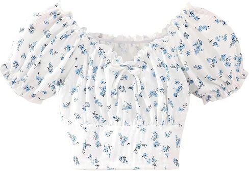 COZYEASE Girls' Ditsy Floral Print Crop Top Puff Short Sleeve Tee Top Knot Front Scoop Neck T Shirt in Saudi Arabia