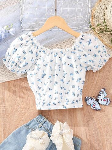 COZYEASE Girls' Ditsy Floral Print Crop Top Puff Short Sleeve Tee Top Knot Front Scoop Neck T Shirt in Saudi Arabia