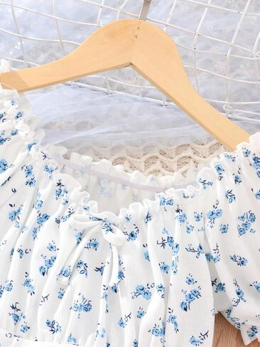COZYEASE Girls' Ditsy Floral Print Crop Top Puff Short Sleeve Tee Top Knot Front Scoop Neck T Shirt in Saudi Arabia