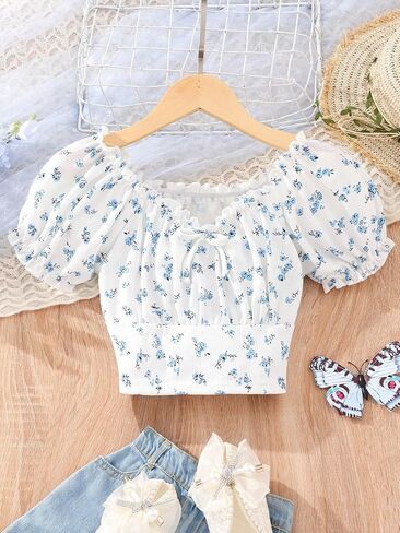 COZYEASE Girls' Ditsy Floral Print Crop Top Puff Short Sleeve Tee Top Knot Front Scoop Neck T Shirt in Saudi Arabia