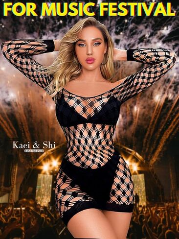 Kaei&Shi ملابس نادي مثيرة، مجوفة، شبكة صيد السمك الشفافة، فستان Bodycon قصير in Saudi Arabia