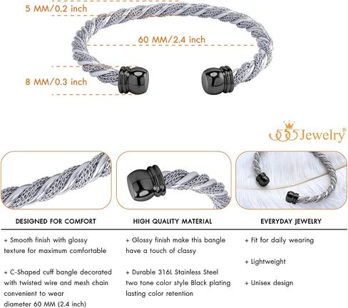 555Jewelry قابل للتعديل سلك ملتوي كابل مفتوح الكفة الإسورة سوار للنساء والفتيات in Saudi Arabia