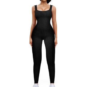 Aliaglo Workout One Piece Jumpsuits Yoga Romper Athletic Women Ribbed Seamless Bodysuit Square Neck Tank Tops Exercise