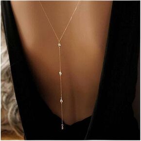 Iaceble Boho Crystal Back Necklace Long Cz Backdrop Necklace Gold Crystal Lariat Y Necklace Rhinestone Back Chain Necklace Long Cz Wedding Backdrop Chain Jewelry for Women and Girls(Style 1)