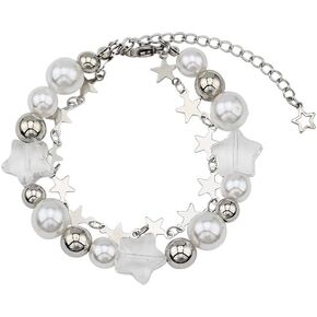 Fuqimanman2020 Y2k Star Silver Beaded Chain Charm Bracelet Necklace Aesthetic Grunge Gift for Women