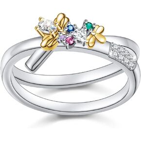 JZMSJF S925 فضة النحل خواتم زركون المزدوج التراص خواتم وعد محسن حلقة مزدوجة للنساء فتاة في سن المراهقة in Kuwait