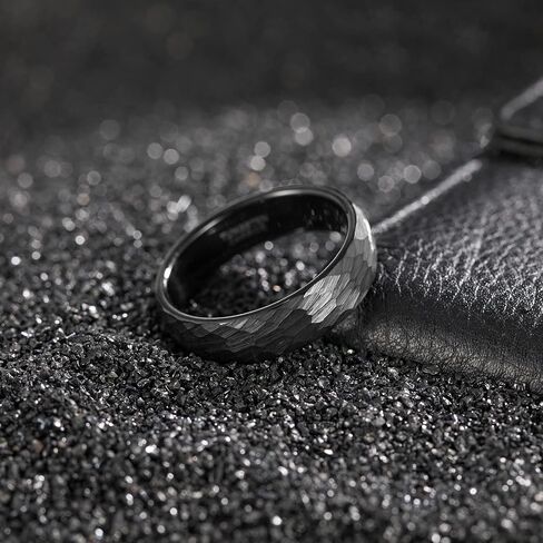 TRUMIUM 6mm 8mm Black Gold Mens Wedding Band Tungsten Carbide Rings for Men Women Hammered Multi-faceted Matte Finished Engagement Promise Couple Rings Size 6-14 in Saudi Arabia
