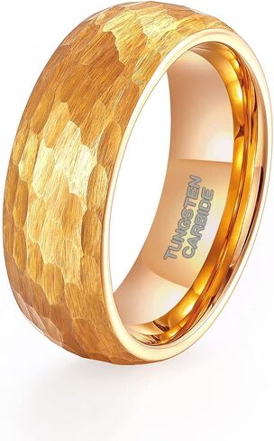 TRUMIUM 6mm 8mm Black Gold Mens Wedding Band Tungsten Carbide Rings for Men Women Hammered Multi-faceted Matte Finished Engagement Promise Couple Rings Size 6-14 in Saudi Arabia