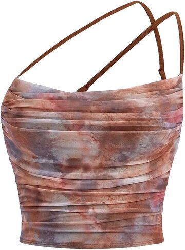 Floerns Women's Tie Dye Spaghetti Strap Cut Out One Shoulder Ruched Crop Cami Top in Saudi Arabia