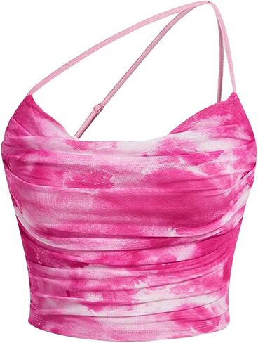Floerns Women's Tie Dye Spaghetti Strap Cut Out One Shoulder Ruched Crop Cami Top in Saudi Arabia